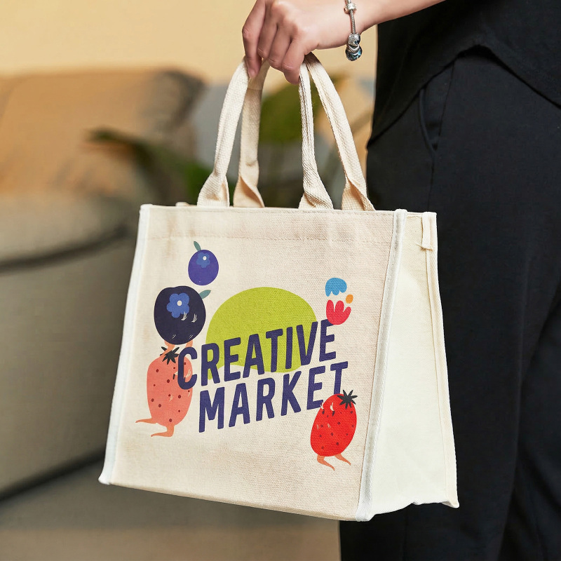 Custom Cotton Canvas Flat Bottom Tote Bag with Padded Handles